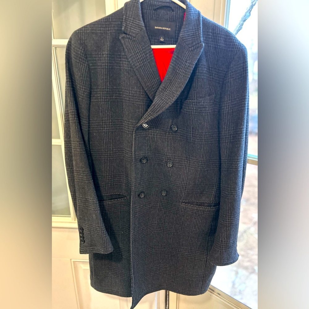 Banana Republic Men's Size L Dark Gray Plaid Wool Peacoat Jacket